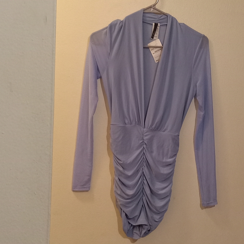 Uptown- Blue Periwinkle Long Sleeve Runched Shorts Romper -M